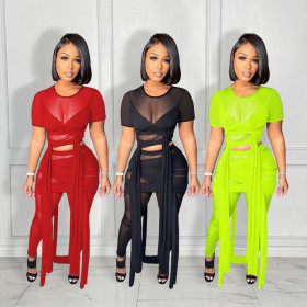 Spring new sexy fashion see-through mesh bandage two-piece suit