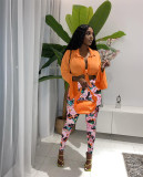 Two-piece long-sleeved shirt and printed trousers