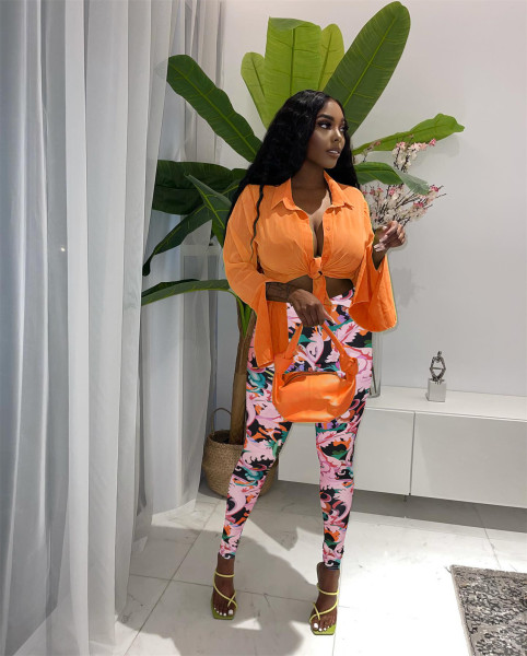 Two-piece long-sleeved shirt and printed trousers