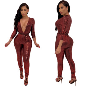 Ladies' Nightclub Sequined V-neck Long Sleeve Jumpsuit