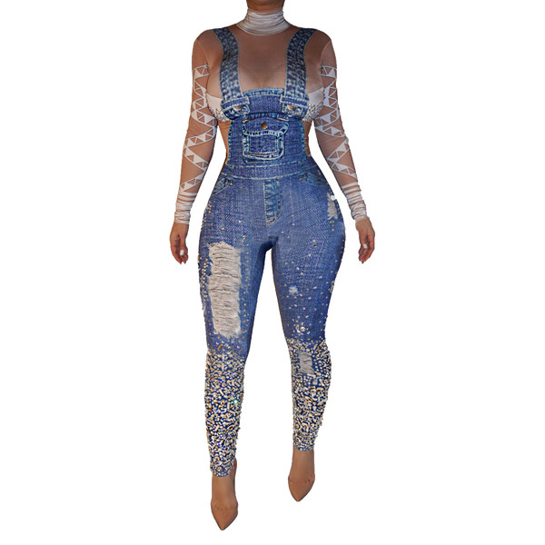 Fashion denim sling print jumpsuit hot sale high neck slim jumpsuit