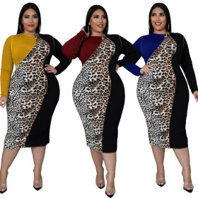 Fat woman plus size women's dress, leopard print, color matching, fat woman dress, three colors