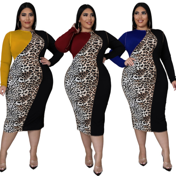 Fat woman plus size women's dress, leopard print, color matching, fat woman dress, three colors