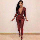 Ladies' Nightclub Sequined V-neck Long Sleeve Jumpsuit