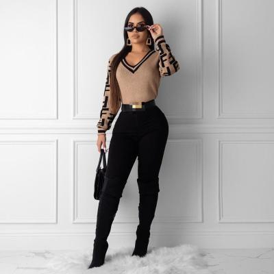 Ladies sweater V-neck fitted pullover F letter sweater