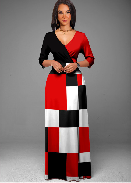 Sexy Fashion Digital Printed Long Sleeve V-neck Slim Ladies Dress