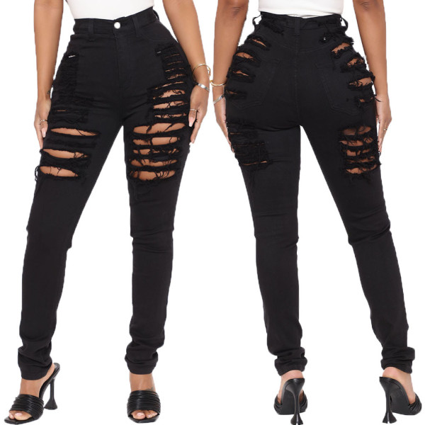 Sexy trendy ripped washed slim stretch denim pants