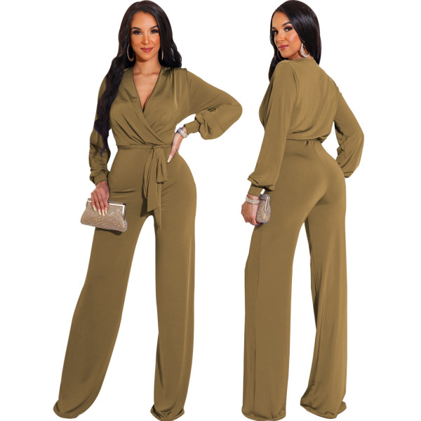 Sexy fashion solid color long-sleeved V-neck women's jumpsuit