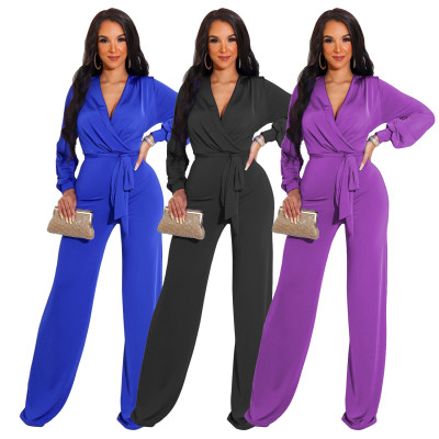 Sexy fashion solid color long-sleeved V-neck women's jumpsuit
