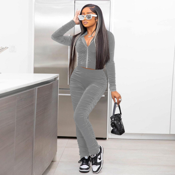 Fashion women's hot style velvet solid color pleated pile sleeves pile pile pants two-piece suit