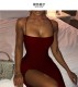 Women's Fashion Trend Sexy Sling Strap Pure Color Square Neck Slit Dress