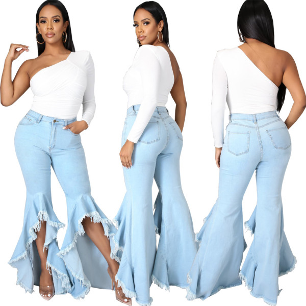 Fashion stitching ripped hole washed denim stretch slim flared pants