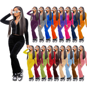 Fashion women's hot style velvet solid color pleated pile sleeves pile pile pants two-piece suit