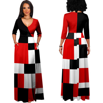 Sexy Fashion Digital Printed Long Sleeve V-neck Slim Ladies Dress