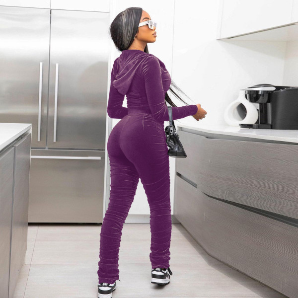 Fashion women's hot style velvet solid color pleated pile sleeves pile pile pants two-piece suit