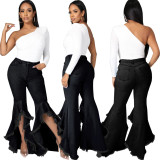 Fashion stitching ripped hole washed denim stretch slim flared pants
