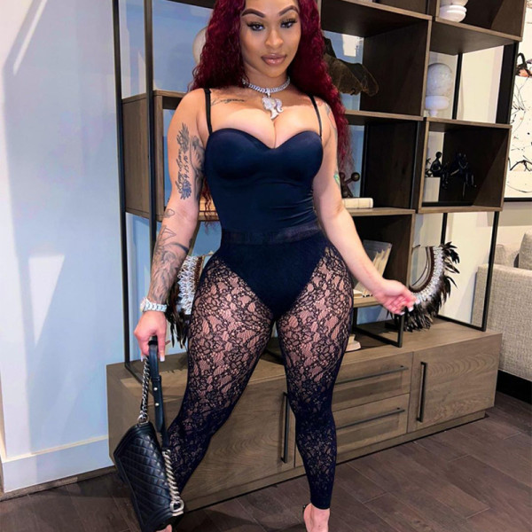 New fashion sexy sling one-piece see-through mesh trousers suit
