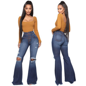 Fashion all-match wide-legged knee-hole slim-fit denim flared pants