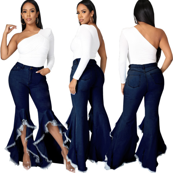 Fashion stitching ripped hole washed denim stretch slim flared pants