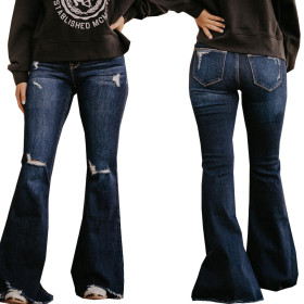Fashion all-match wide-leg washed denim stretch flared pants with holes