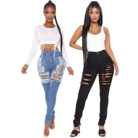 Sexy trendy ripped washed slim stretch denim pants