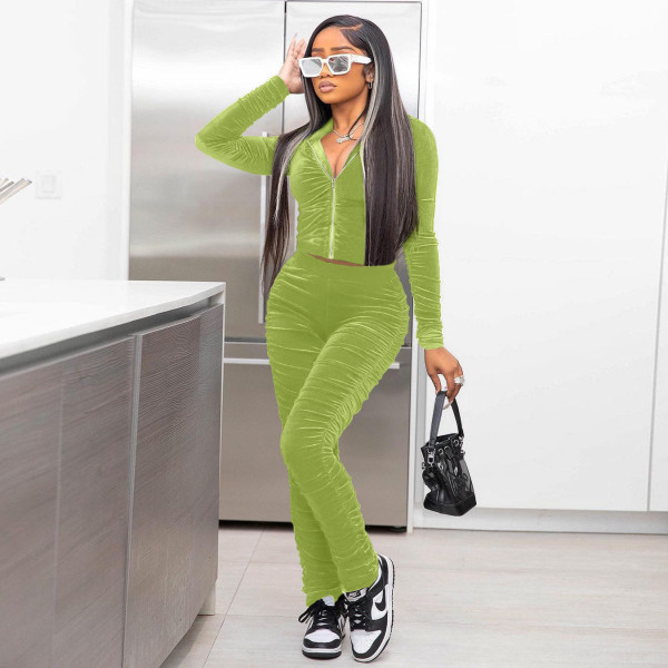 Fashion women's hot style velvet solid color pleated pile sleeves pile pile pants two-piece suit