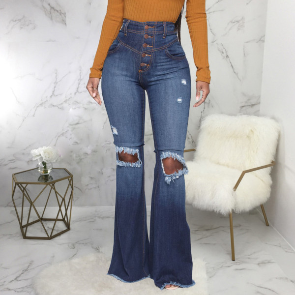 Fashion all-match wide-legged knee-hole slim-fit denim flared pants