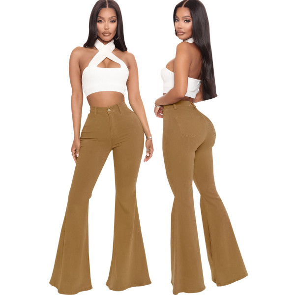 Fashion high waist all-match slim fit stretch denim flared pants