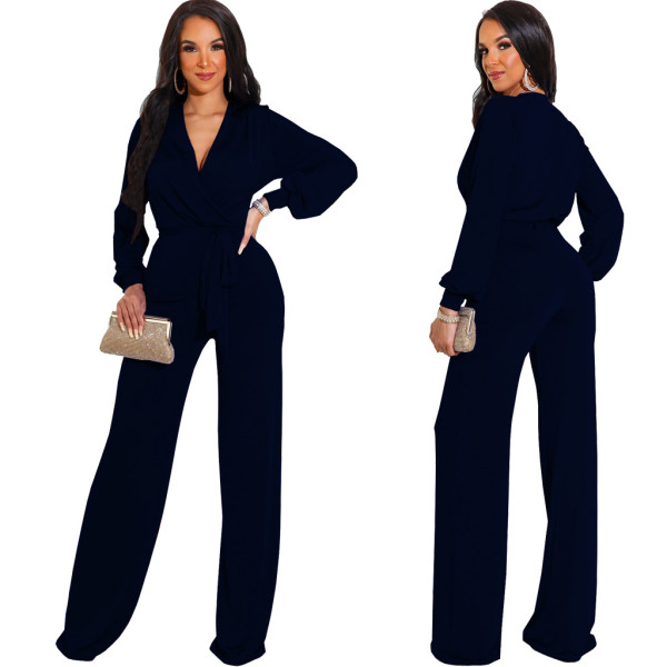 Sexy fashion solid color long-sleeved V-neck women's jumpsuit