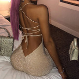 Women's Fashion Trend Sexy Sling Strap Pure Color Square Neck Slit Dress