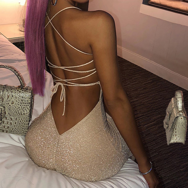 Women's Fashion Trend Sexy Sling Strap Pure Color Square Neck Slit Dress