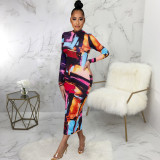 Sexy Fashion Digital Printed Long Sleeve Ladies Dress