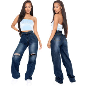 Fashionable personality hole stretch all-match straight trousers