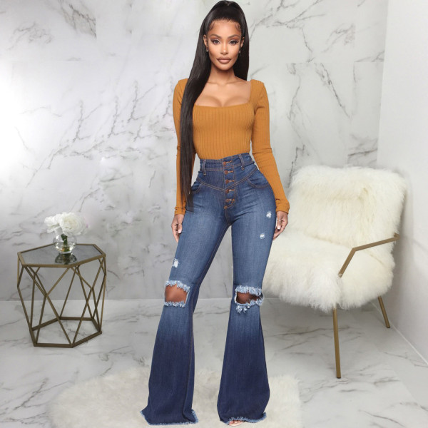 Fashion all-match wide-legged knee-hole slim-fit denim flared pants