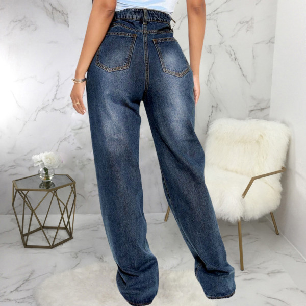 Fashionable personality hole stretch all-match straight trousers