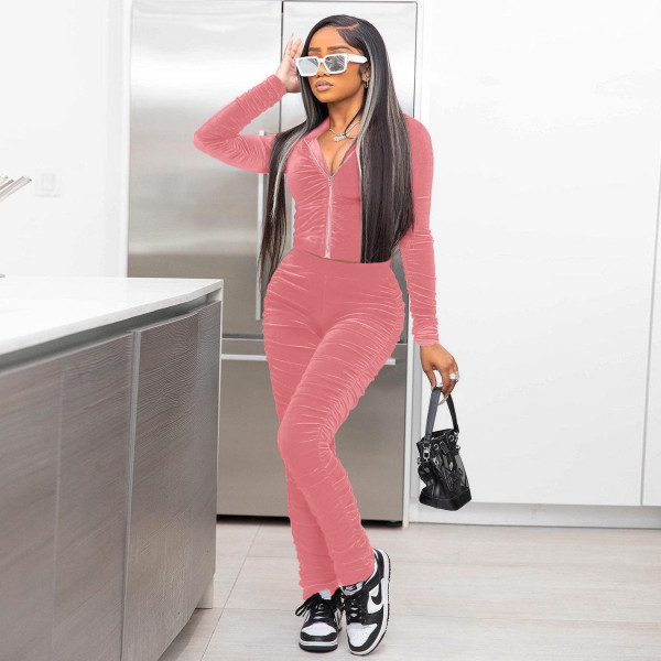 Fashion women's hot style velvet solid color pleated pile sleeves pile pile pants two-piece suit