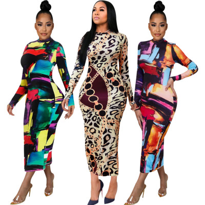 Sexy Fashion Digital Printed Long Sleeve Ladies Dress