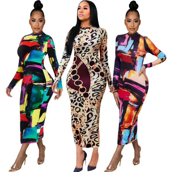 Sexy Fashion Digital Printed Long Sleeve Ladies Dress