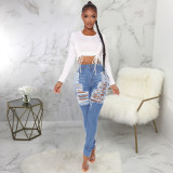 Sexy trendy ripped washed slim stretch denim pants