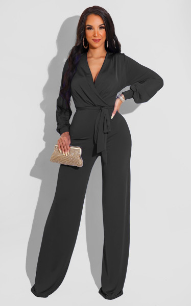 Sexy fashion solid color long-sleeved V-neck women's jumpsuit
