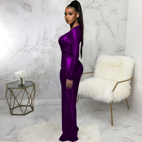 Sexy fashion bronzing solid color long-sleeved V-neck women's jumpsuit
