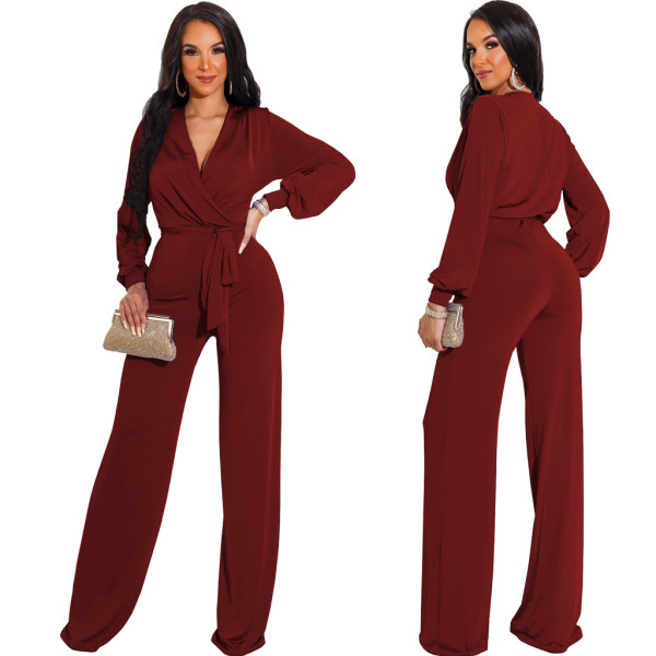 Sexy fashion solid color long-sleeved V-neck women's jumpsuit