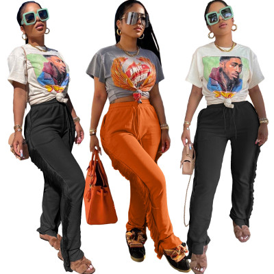 Ladies' Fleece Sweatshirt Fabric Fringed Drawstring Pants