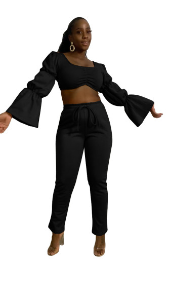 Sexy fashion solid color trumpet sleeve two-piece suit