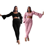 Sexy fashion solid color trumpet sleeve two-piece suit