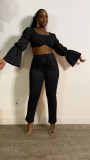 Sexy fashion solid color trumpet sleeve two-piece suit