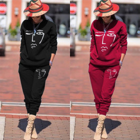 Ladies Offset Printing Casual Stretch Sweater Sports Suit Two-piece Set