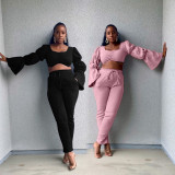 Sexy fashion solid color trumpet sleeve two-piece suit