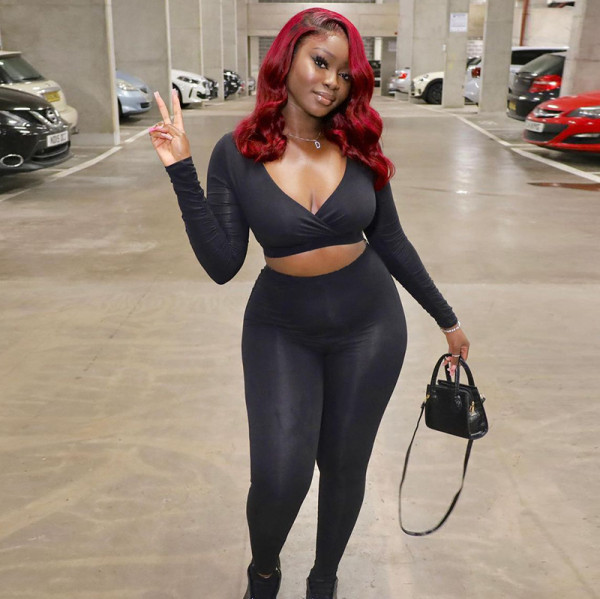Women's winter new cross V-neck long-sleeved T-shirt high waist casual tight trousers suit women