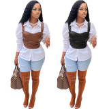 New solid color PU leather sleeveless sling, chest-wrapped zipper vest